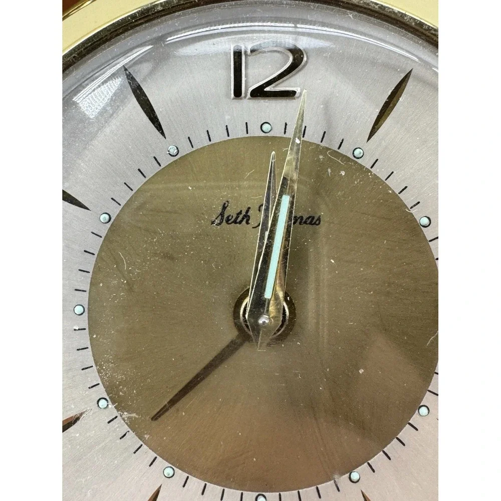 Vintage German Seth Thomas Travel Clock Gold Black Small Works!!